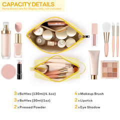 Blue mibasies initial makeup bag opened to reveal organized interior for cosmetics.