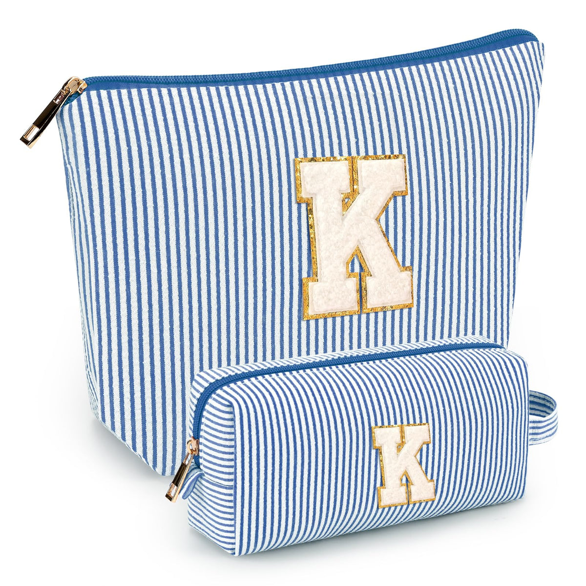 Mibasies initial makeup bags blue two-pack front view for travel organization.