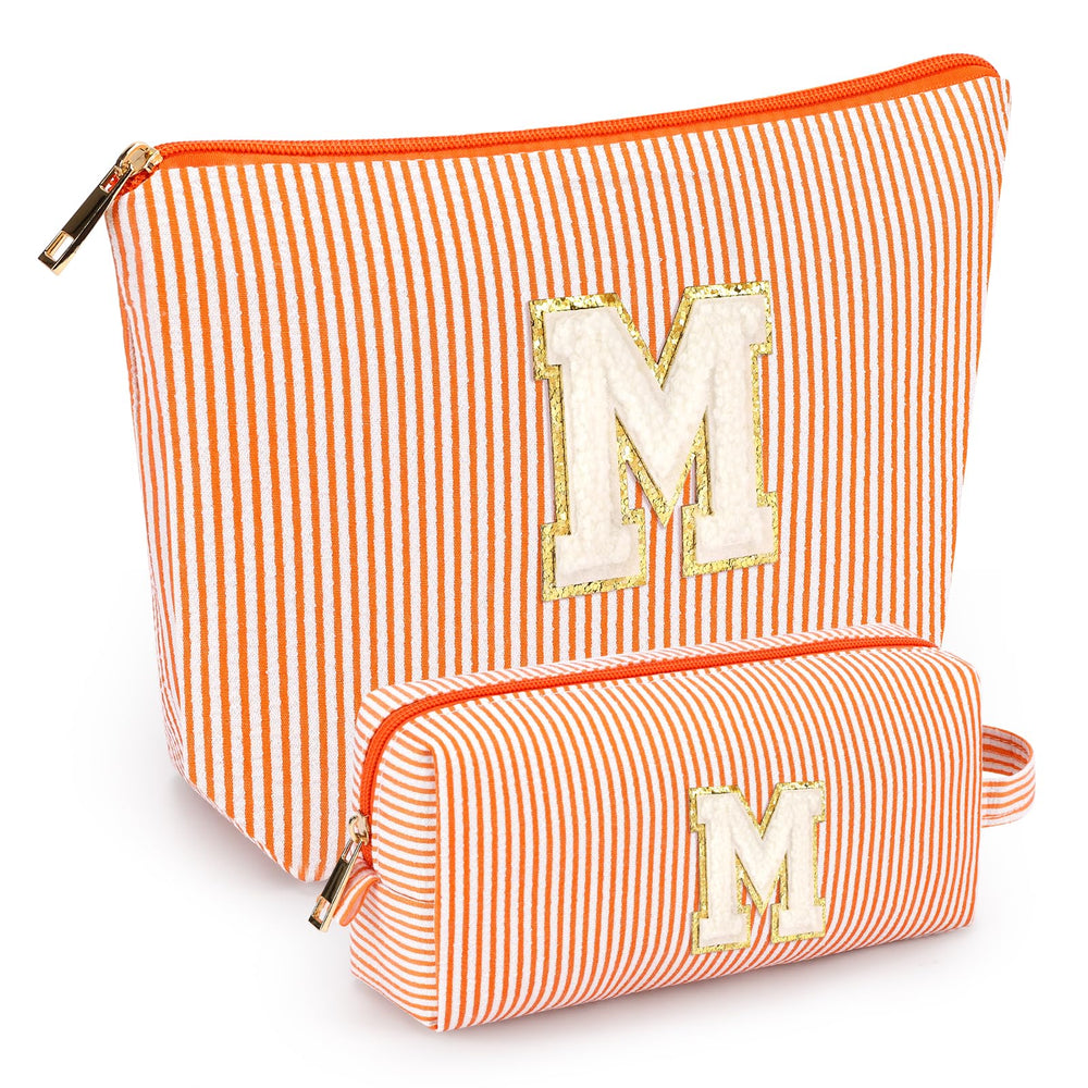 Mibasies initial makeup bags orange-m front view, compact travel companion