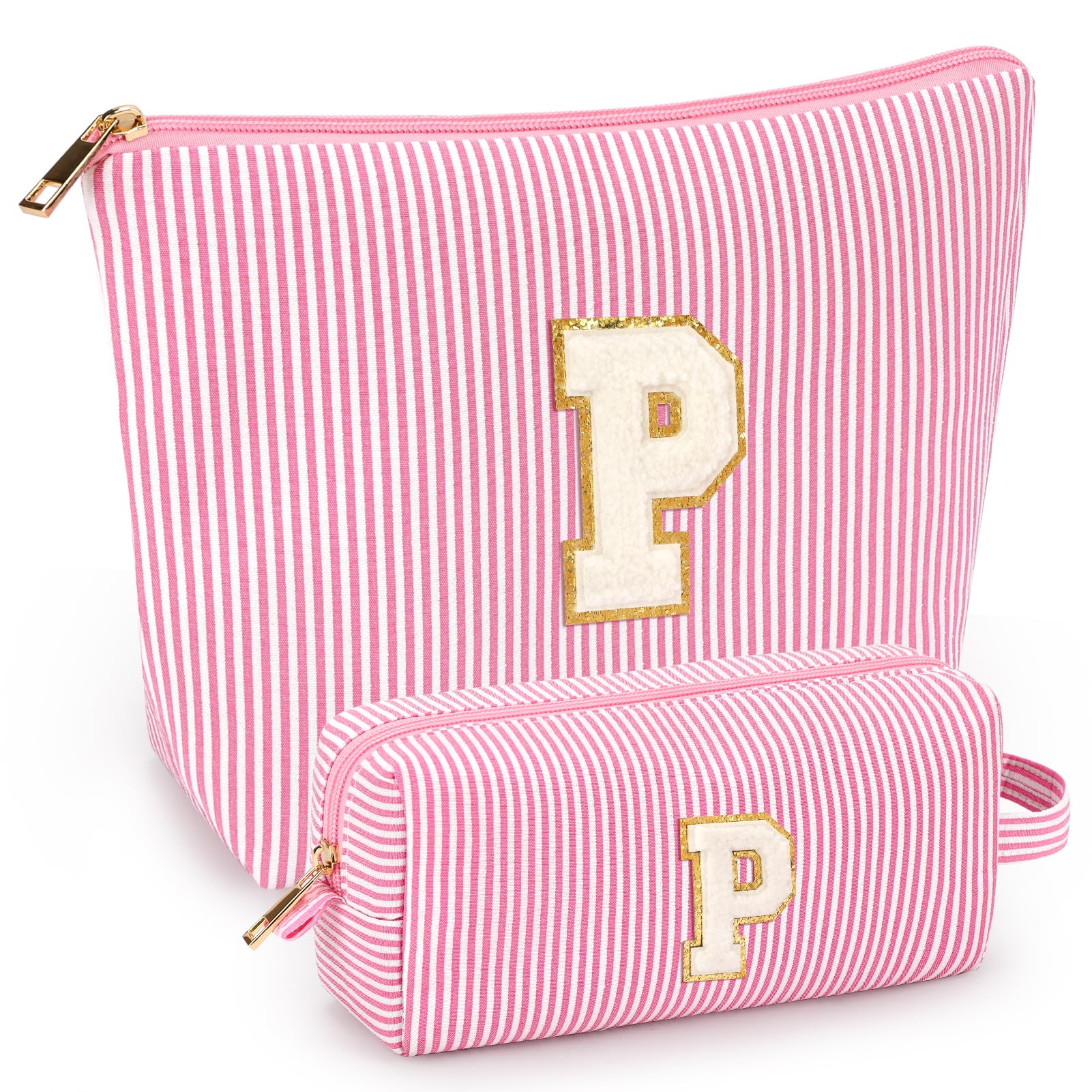 Mibasies initial makeup bags pink front view for easy travel storage.