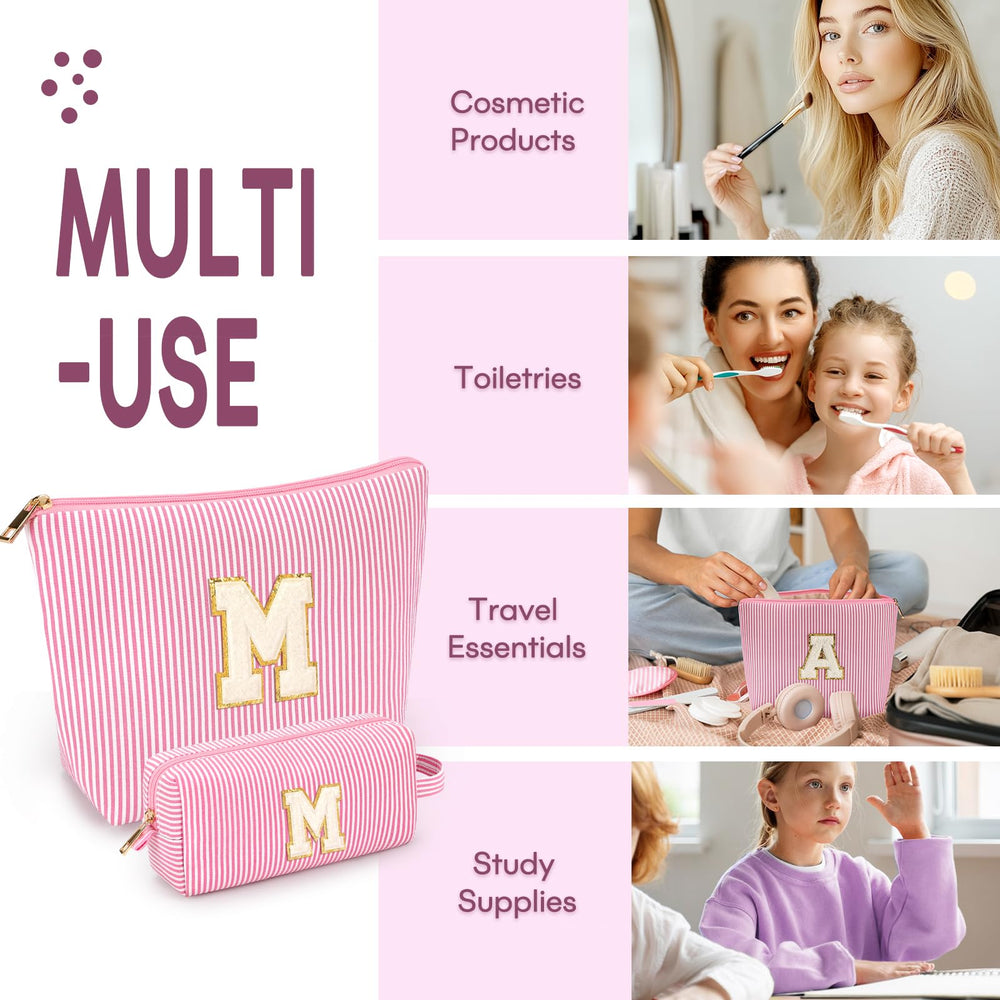 Mibasies initial makeup bags pink two-sizes demonstrate flexible storage options.