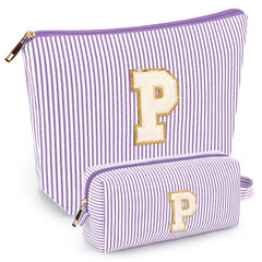 Mibasies initial makeup bags purple top view, showcasing travel-friendly compact design for cosmetics and toiletries.