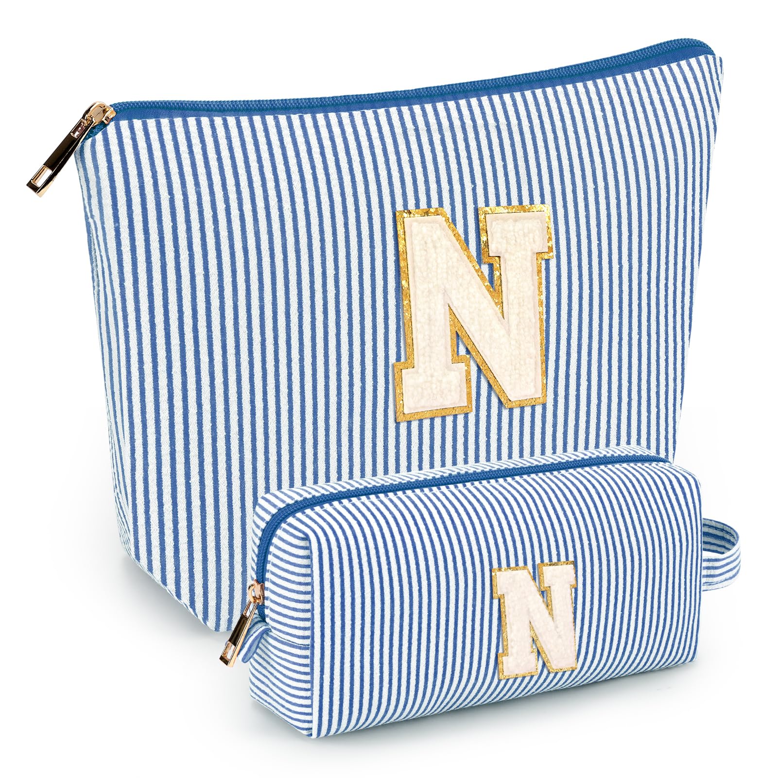 Mibasies two-piece initial makeup bags in blue N front view offer organized travel cosmetics.