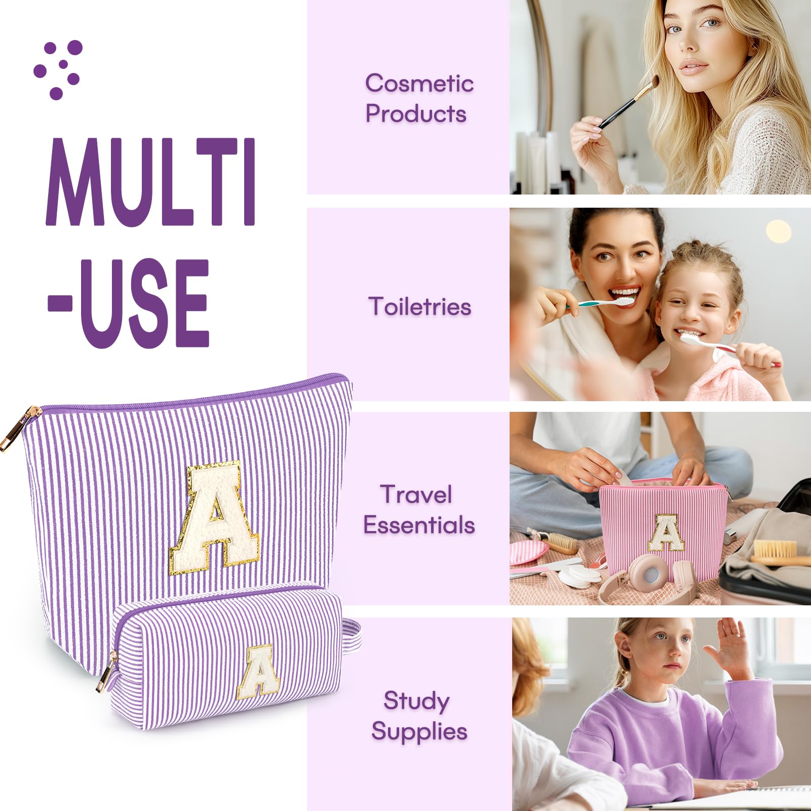 Mibasies two-pcs initial makeup bags purple travel-ready setup for toiletries and cosmetics