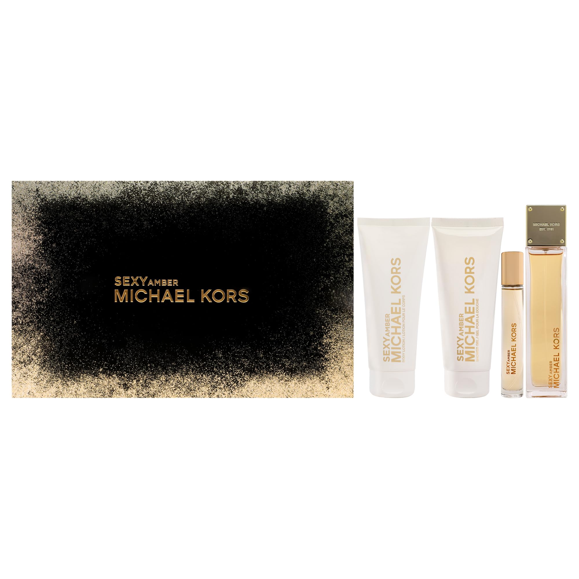 Michael Kors Sexy Amber EDP bottle front shows warm amber tones for evening wear.