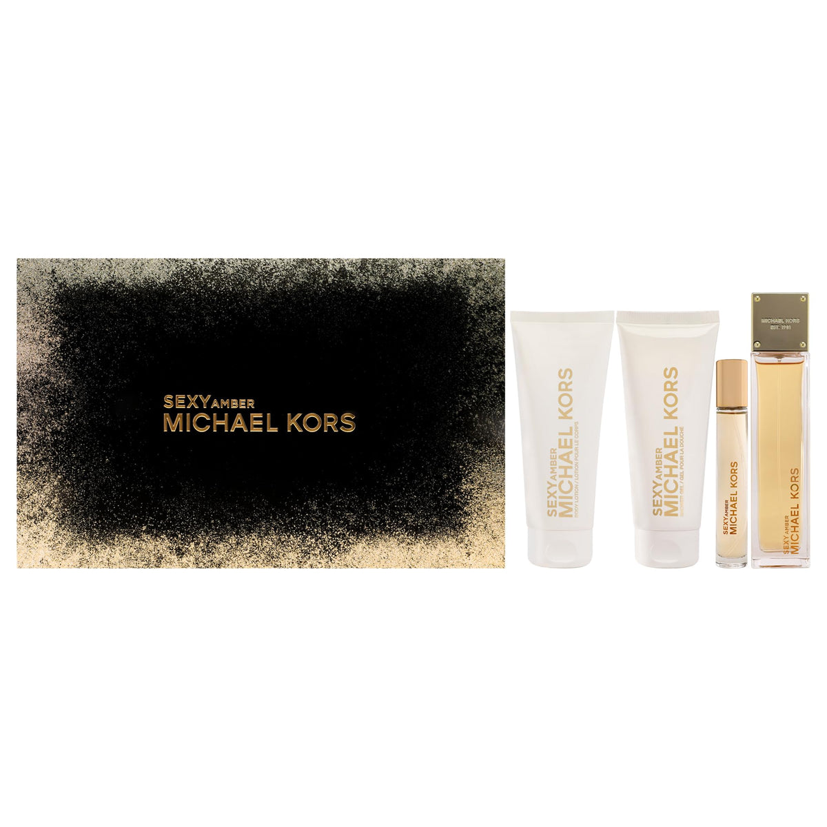 Michael Kors Sexy Amber EDP bottle front shows warm amber tones for evening wear.