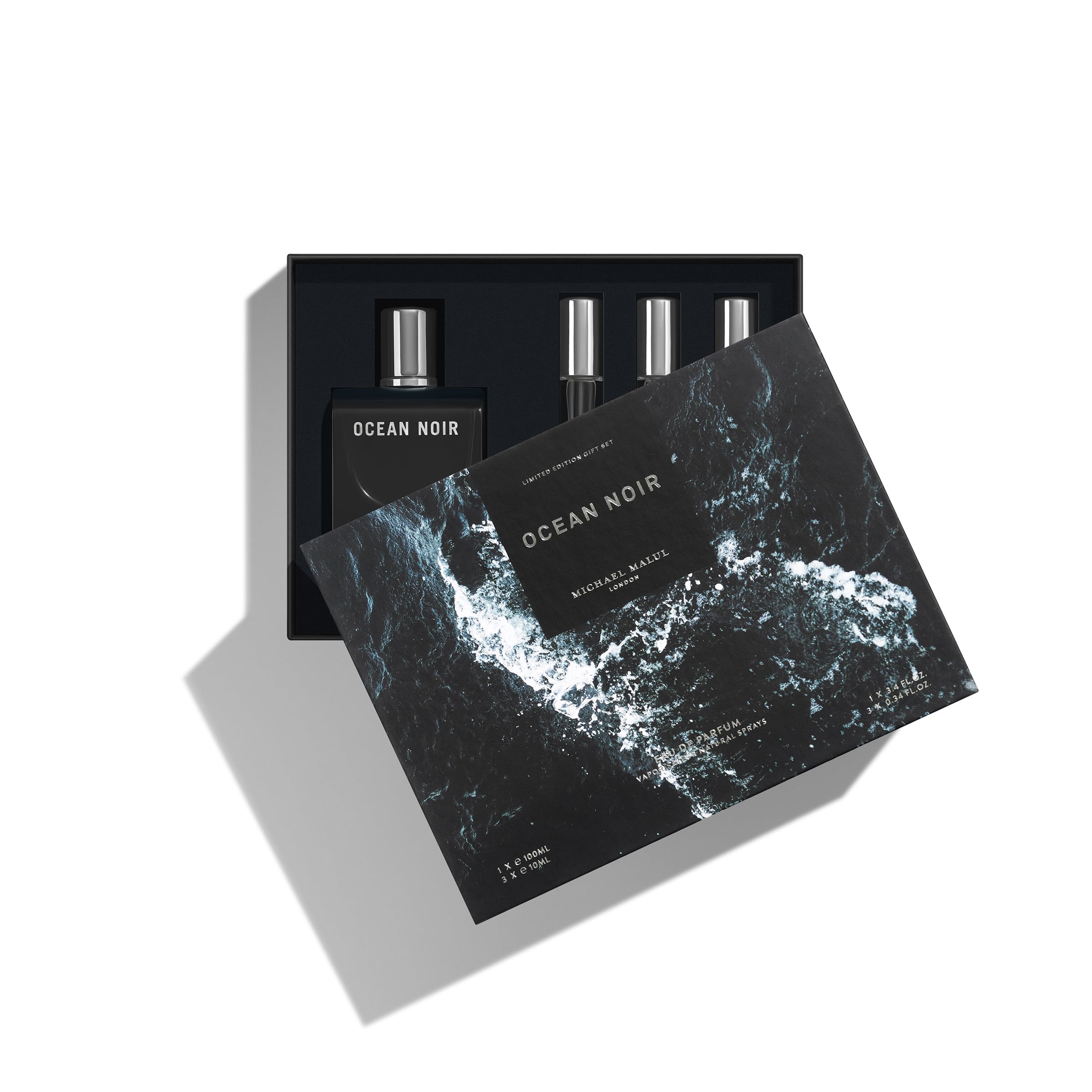 Closeup of Ocean Noir bottle highlights sleek design and premium finish.