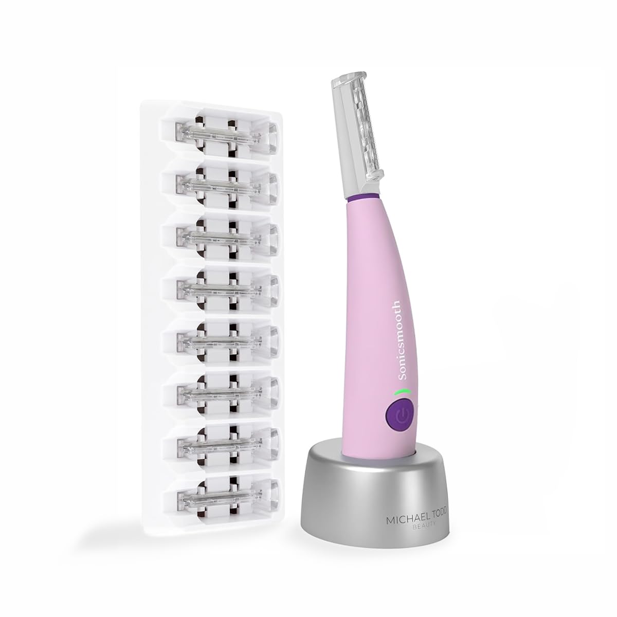 Michael Todd Sonicsmooth dermaplaning setup with device and blades, ready for at-home pampering.
