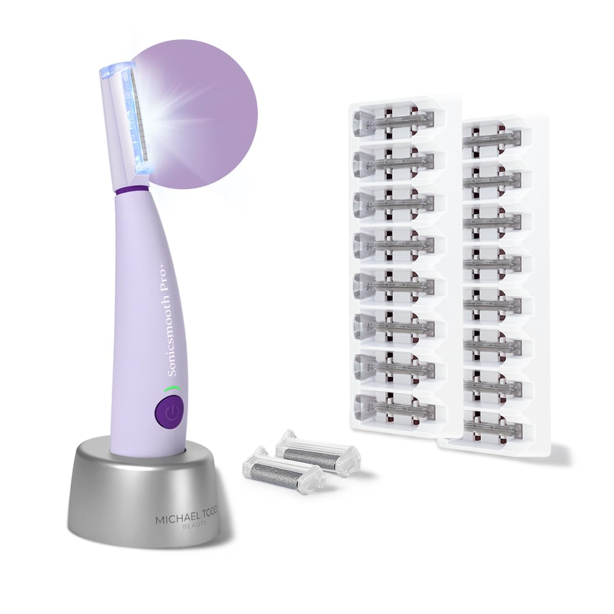 MICHAEL TODD Sonicsmooth Pro+ dermaplaning system with blades and LED light for radiant skin prep.