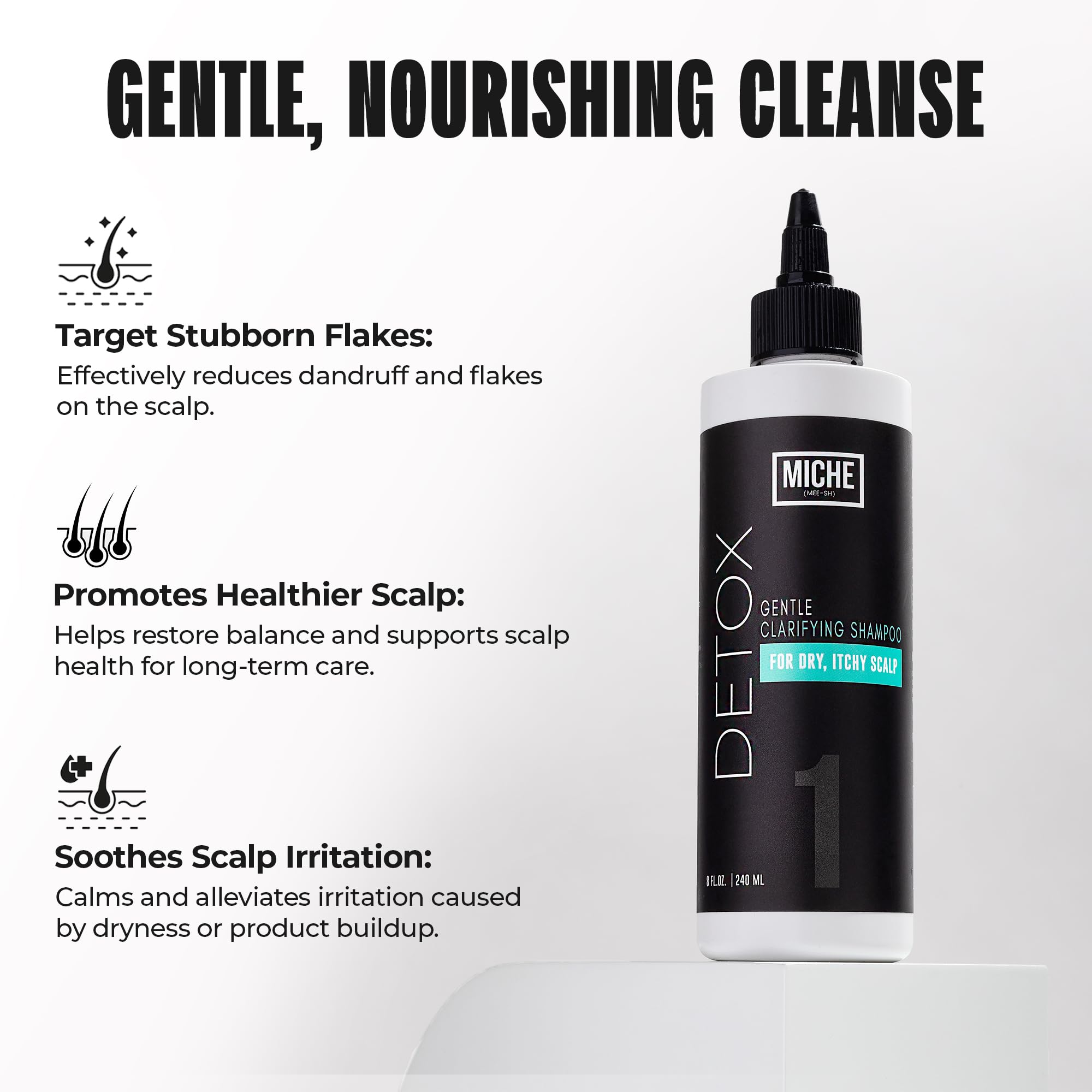 Miche Beauty Detox Shampoo bottle-lather illustration highlights deep cleansing without stripping moisture