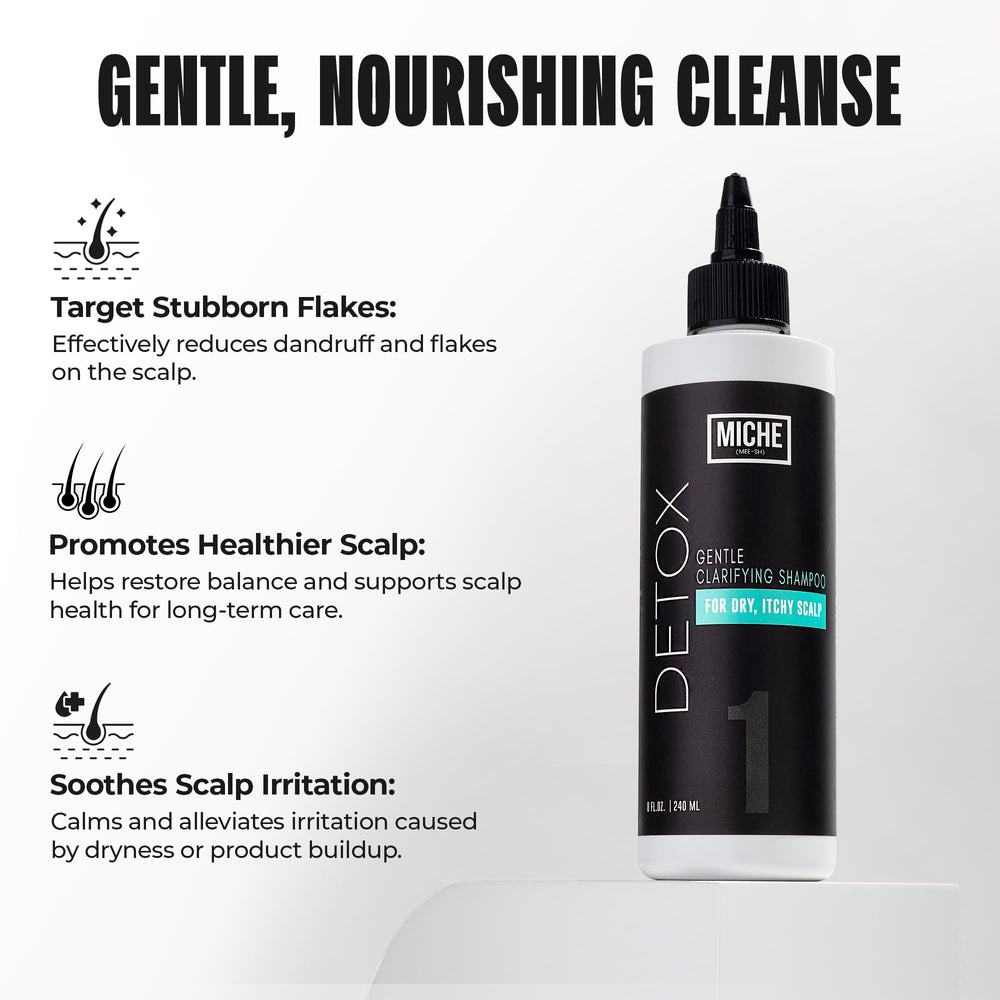 Miche Beauty Detox Shampoo bottle-lather illustration highlights deep cleansing without stripping moisture