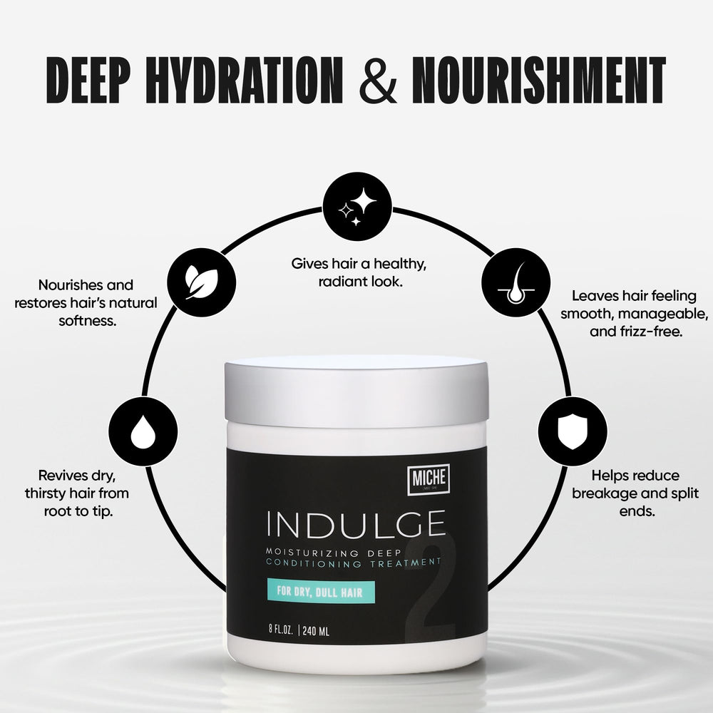 Miche Beauty Indulge Conditioner creamy texture promotes easy detangling and smooth curls.
