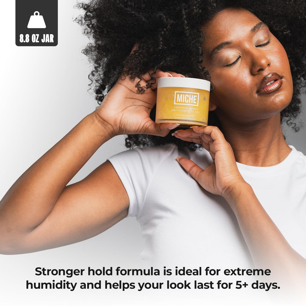 MICHE gel defies humidity with frizz-free curl definition.