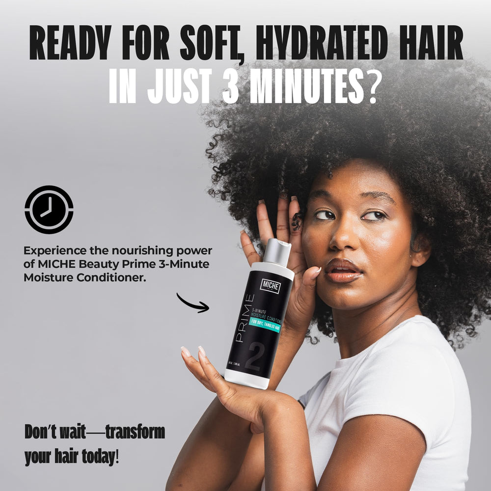 Miche Beauty Prime 3-Minute Moisture Conditioner glossy hair close-up, soft, manageable finish