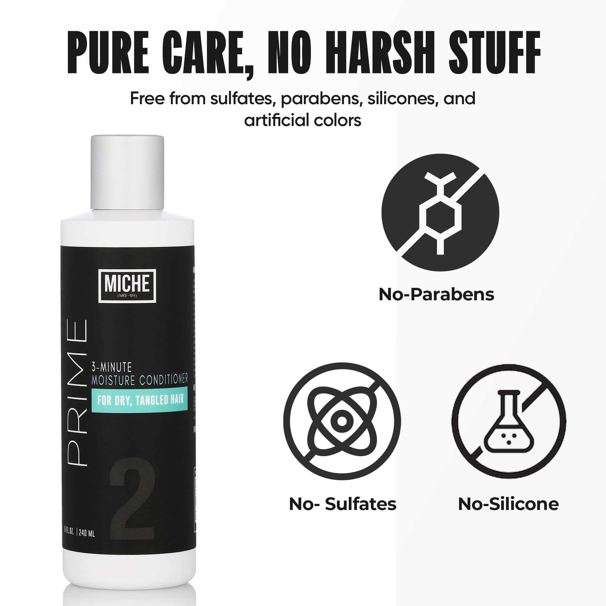 Miche Beauty Prime 3-Minute Moisture Conditioner application on damp hair, detangling in minutes