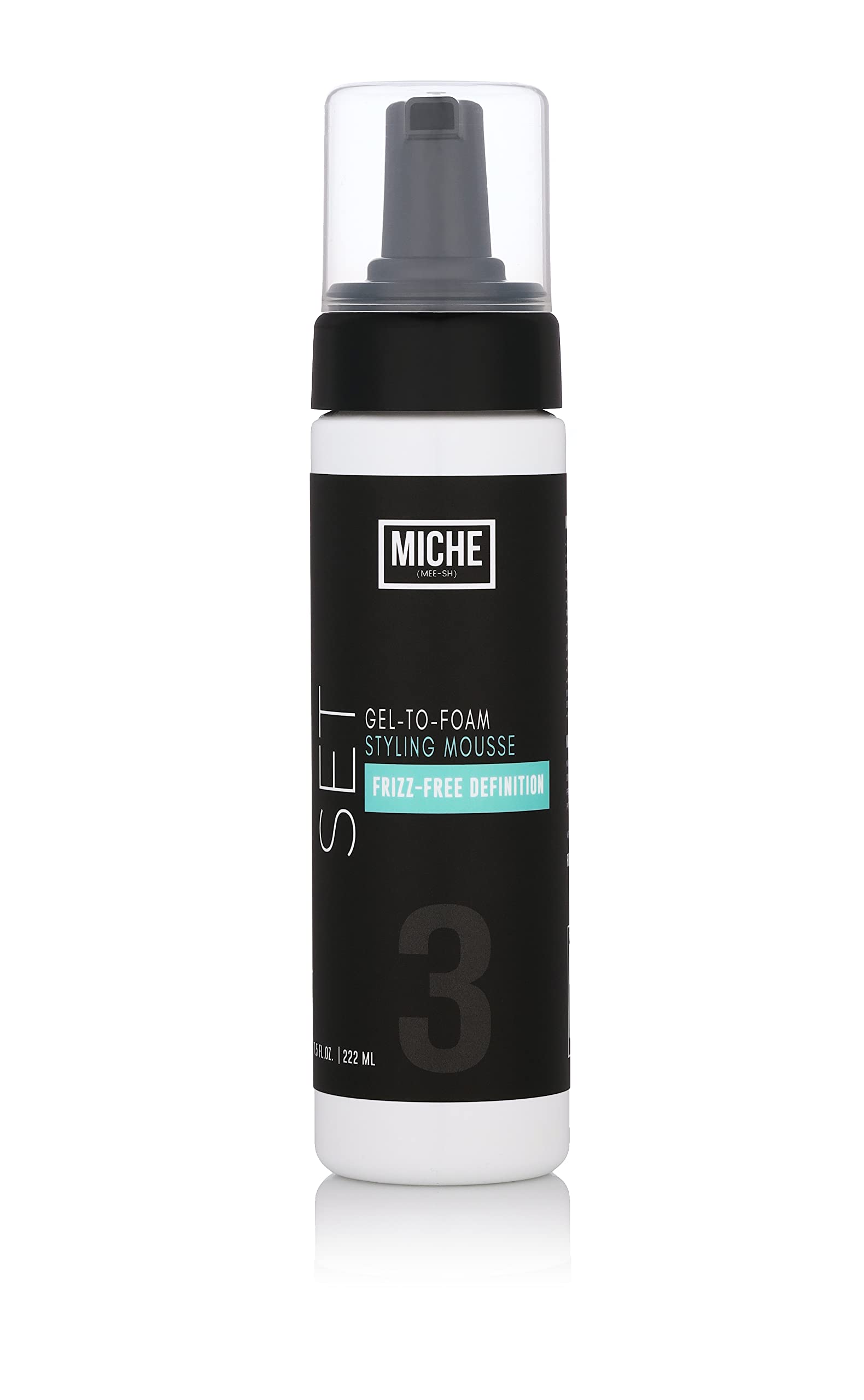 Miche Beauty Set Gel to Foam Mousse bottle on vanity for lightweight hold on all hair types.