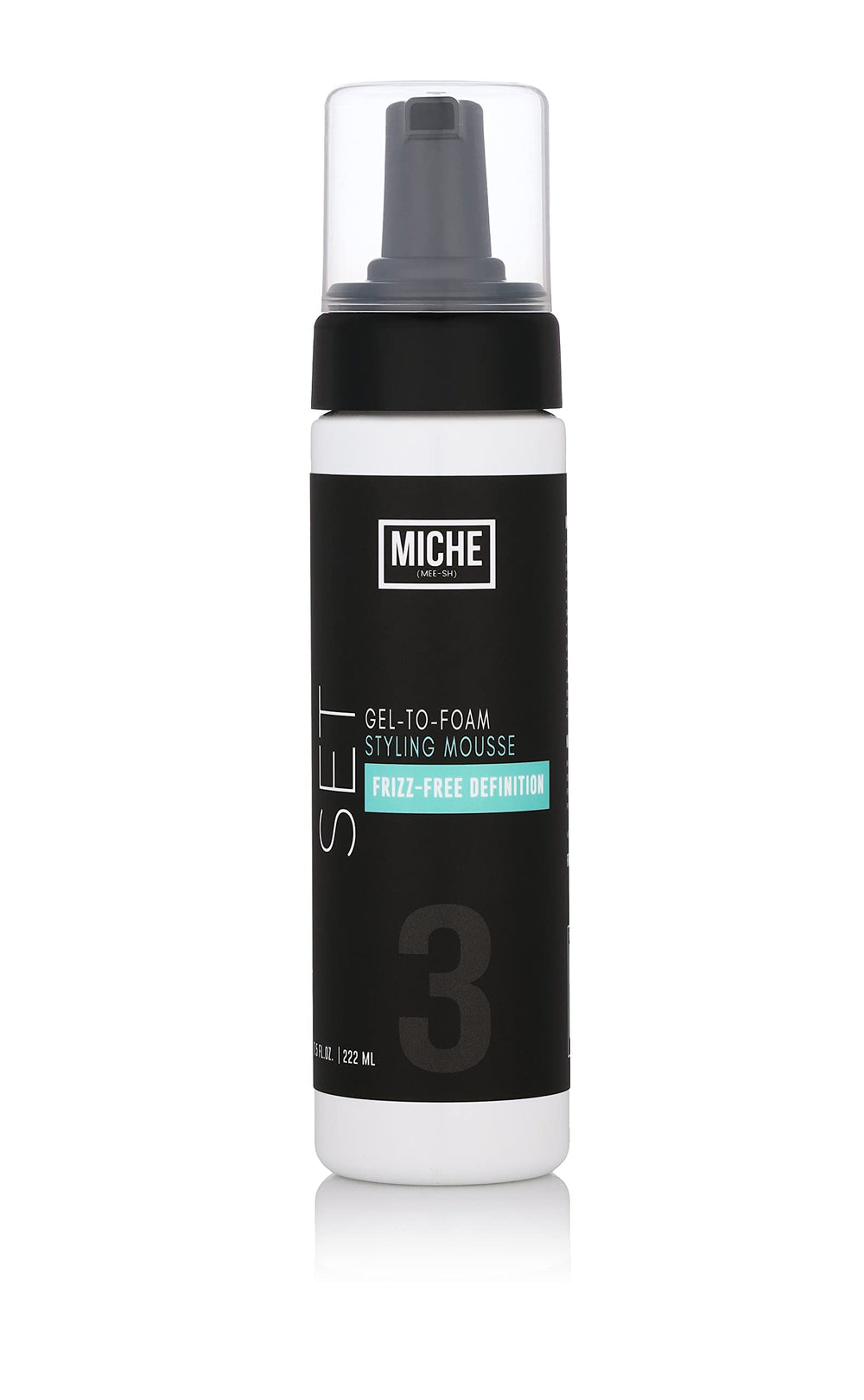 Miche Beauty Set Gel to Foam Mousse bottle on vanity for lightweight hold on all hair types.