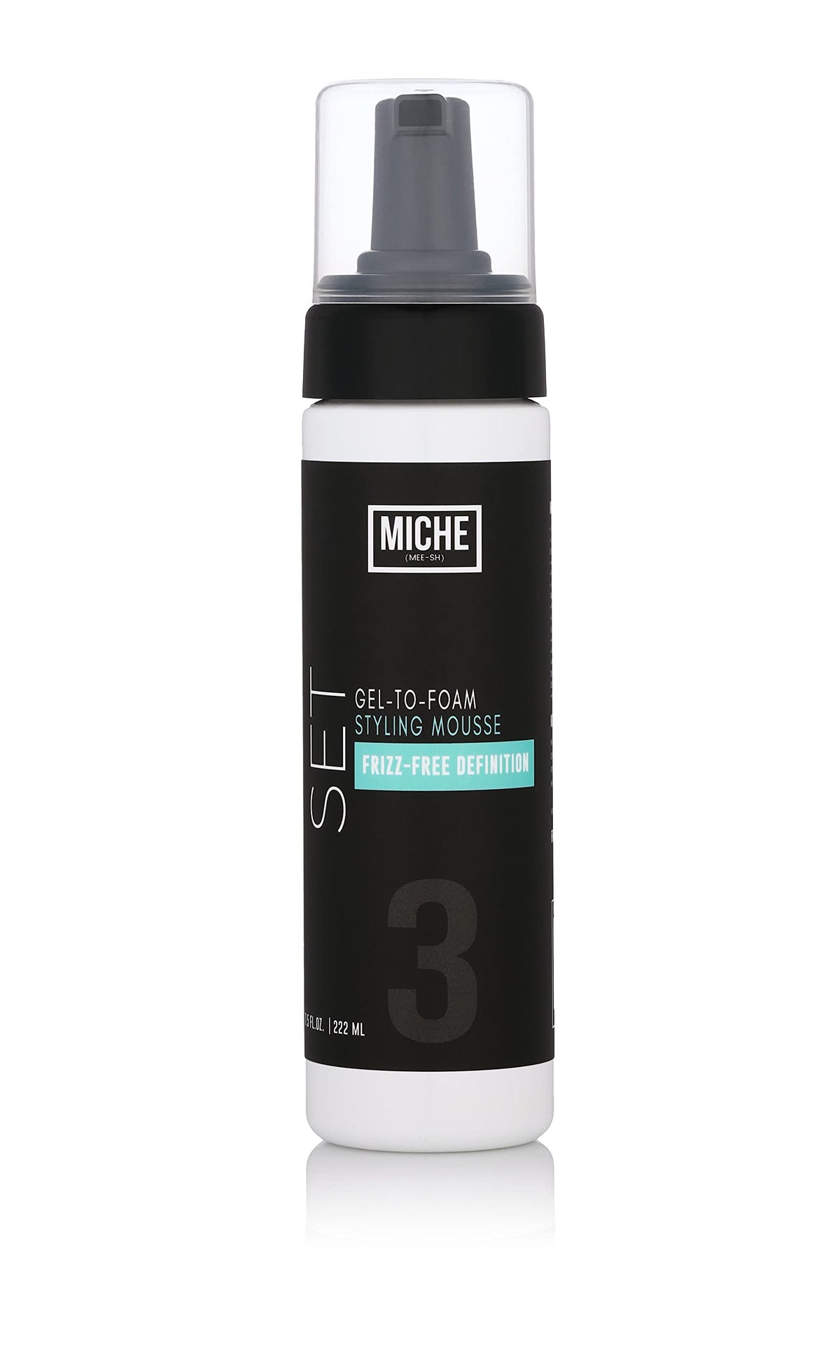 Miche Beauty Set Gel to Foam Mousse bottle on vanity for lightweight hold on all hair types.