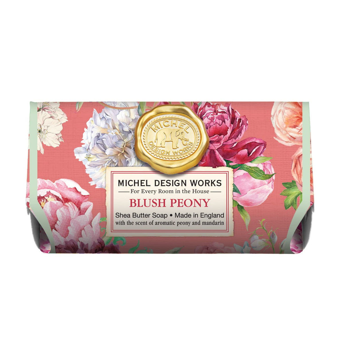 Michel Design Works blush peony large soap bar close-up highlighting moisturizing shea butter and rich lather