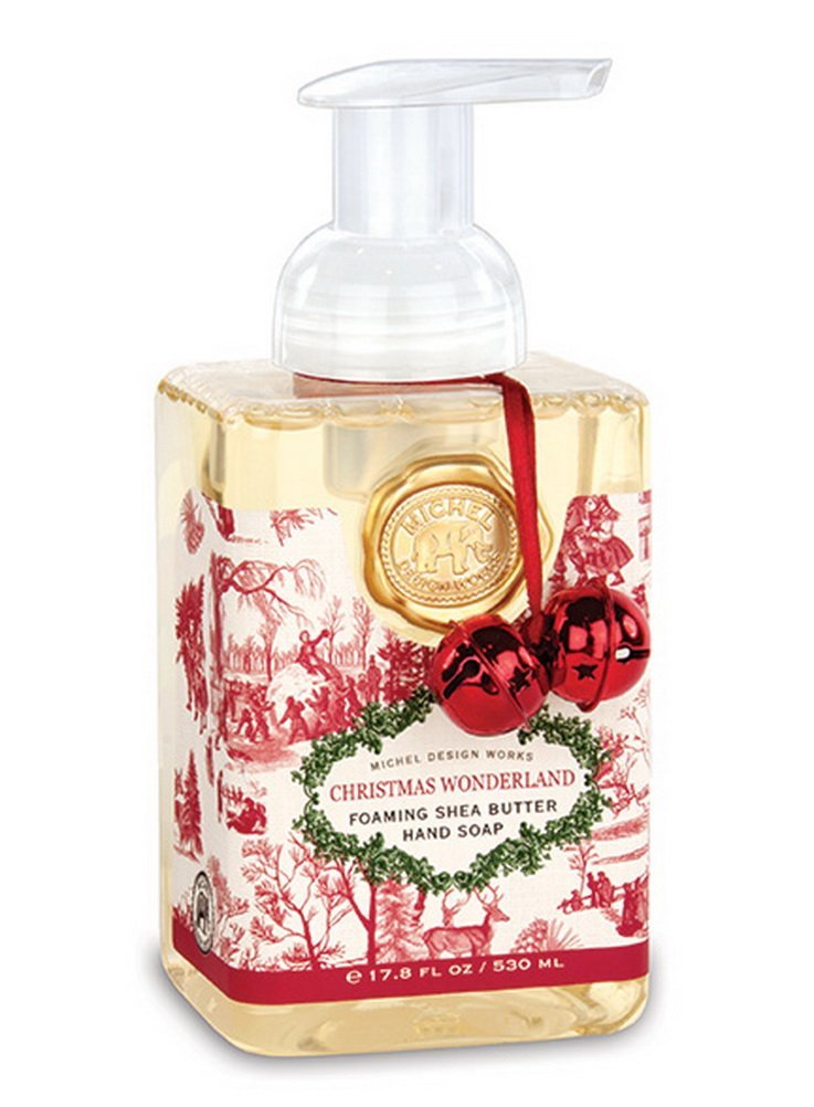 Michel Design Works Christmas Wonderland foaming hand soap bottle with sweet clover scent for gentle cleansing.