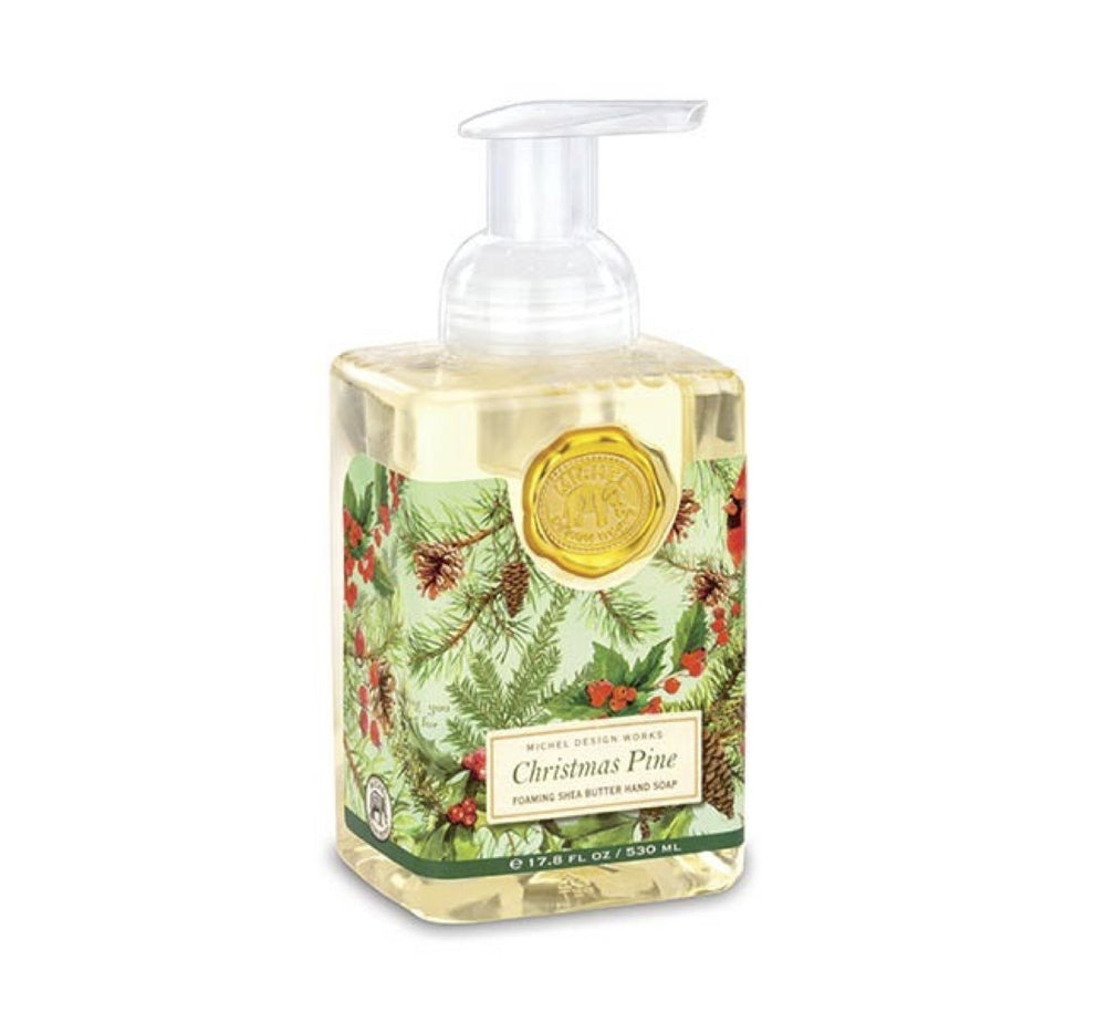 Michel Design Works FOA293 Christmas Pine foaming soap bottle offers luxurious lather for refreshed hands
