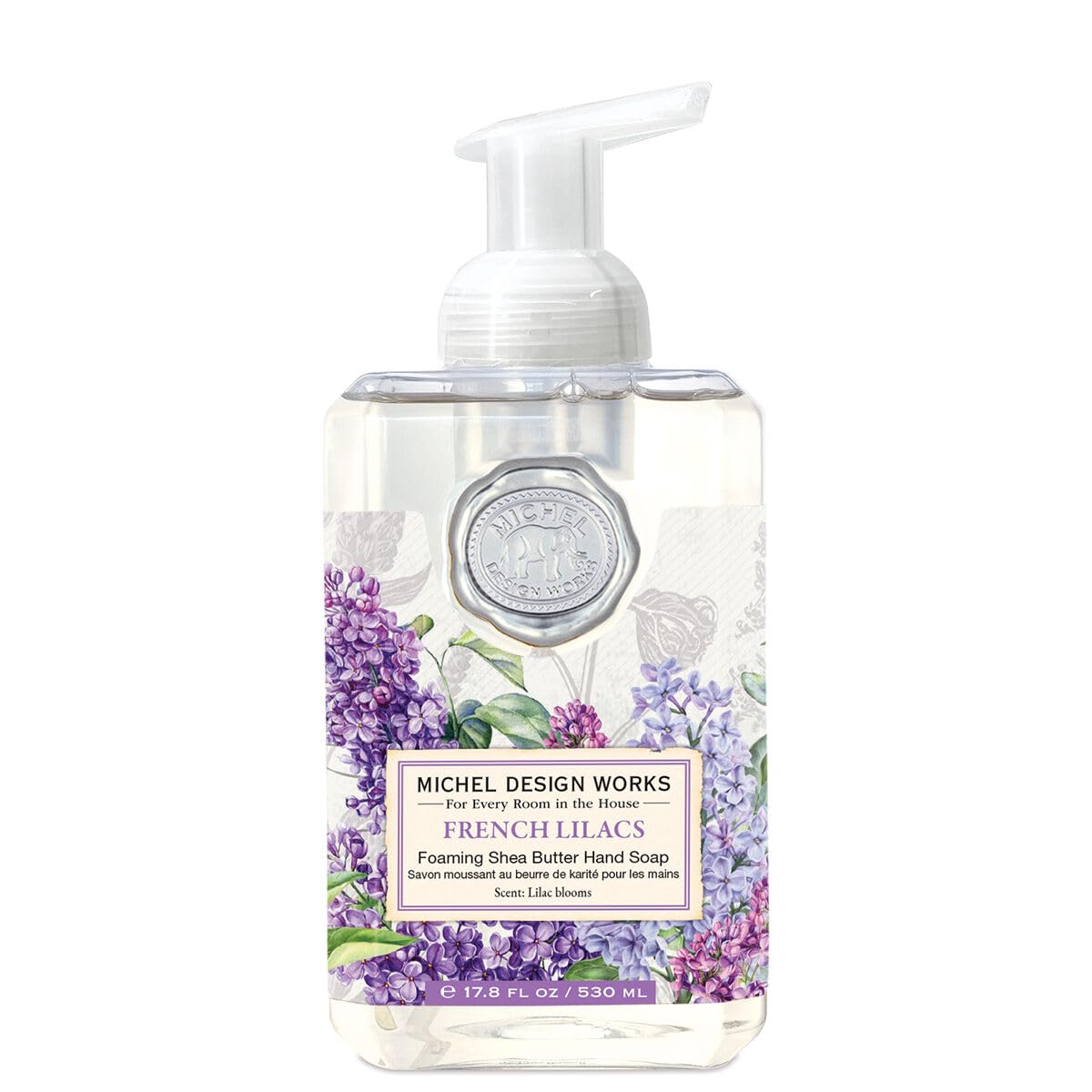 Michel Design Works foaming hand soap in French Lilacs with pump, refreshing fragrance for hand washing.