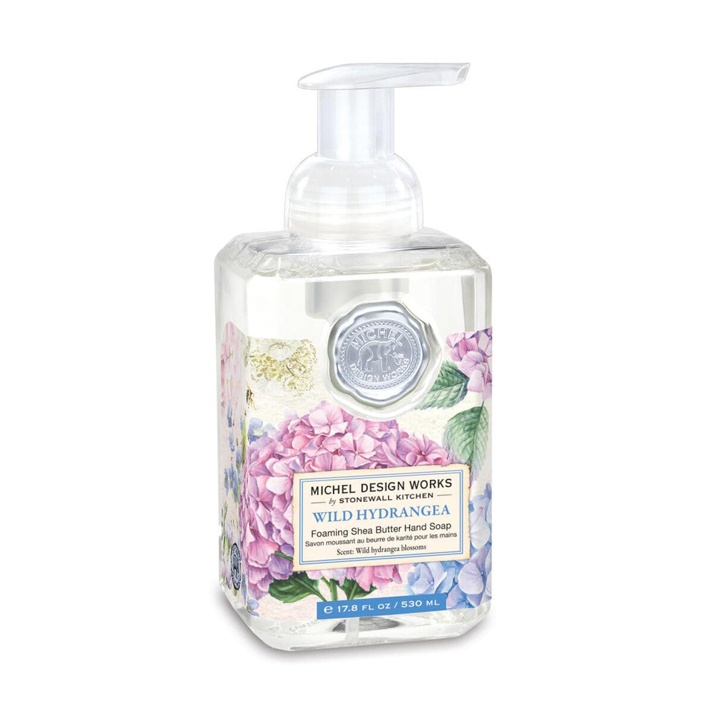 Michel Design Works hydrangea foaming soap bottle for gentle cleansing.