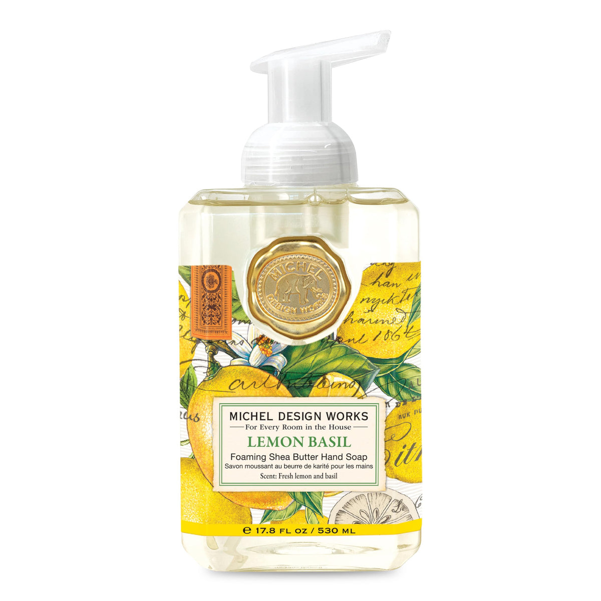 Michel Design Works foaming hand soap Lemon Basil dispenser offers refreshing citrus cleansing