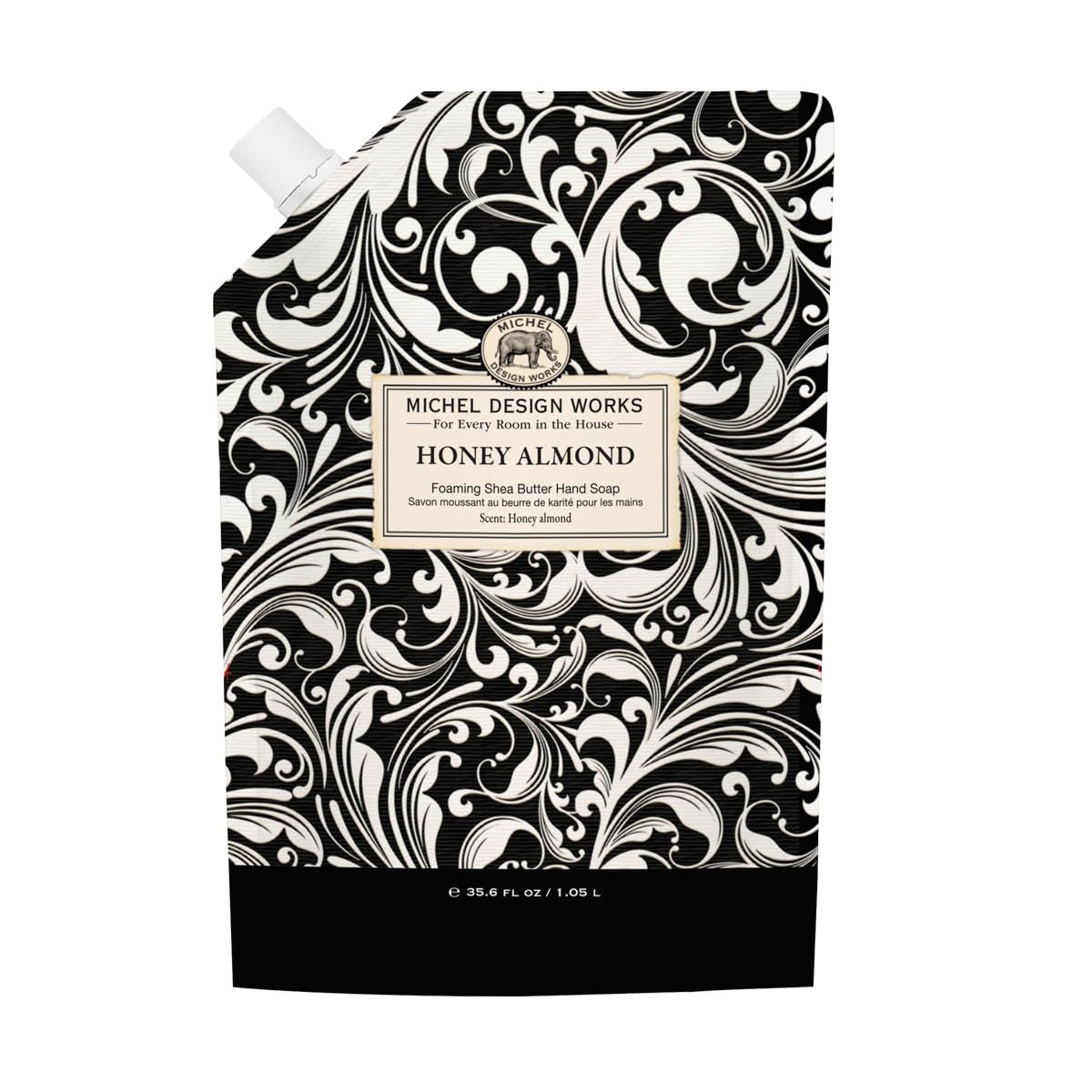 Michel Design Works Honey Almond Foaming Hand Soap Refill bottle showing shea butter formula for gentle moisturizing.