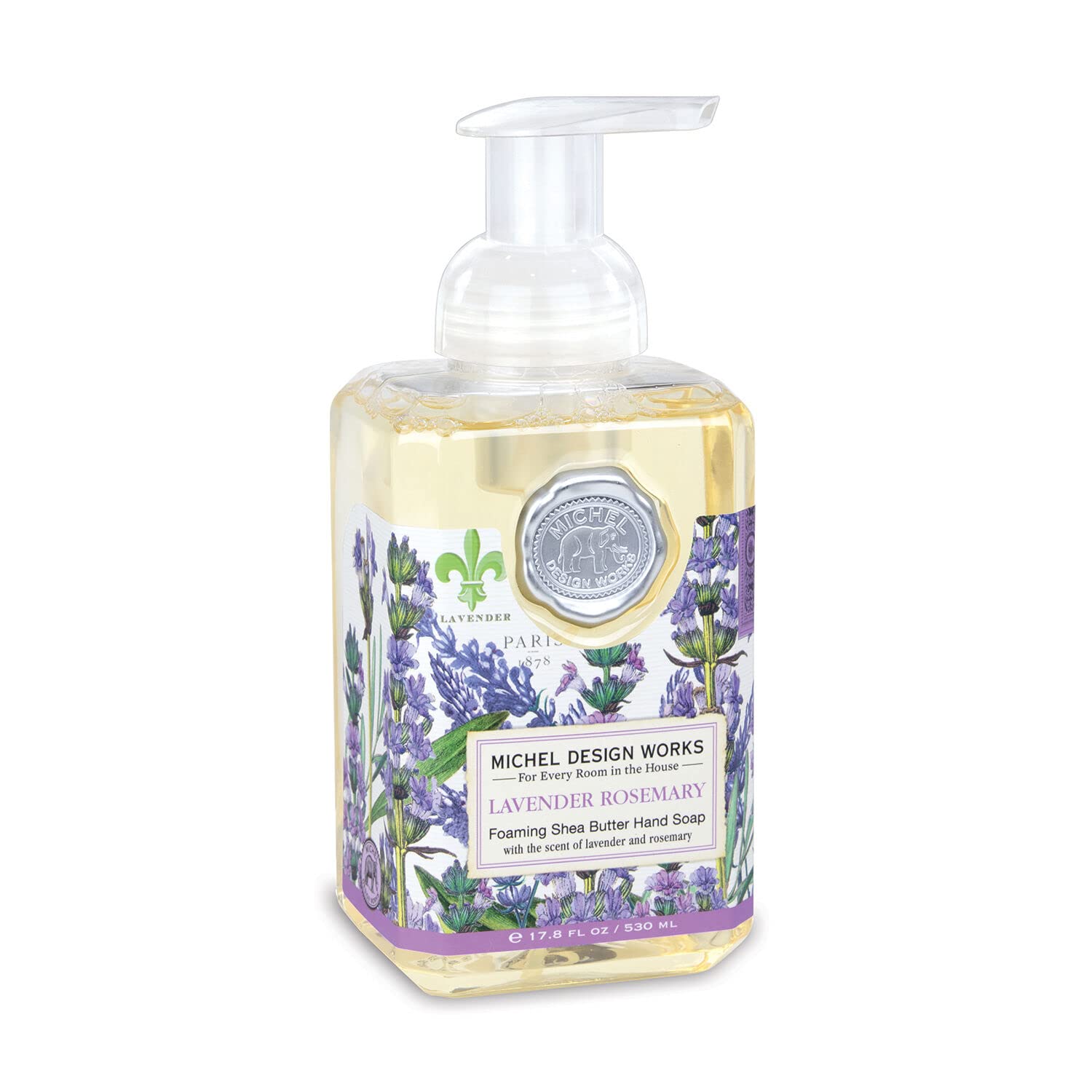 Michel Design Works Lavender Rosemary foaming soap bottle offers a soothing, luxurious hand-washing experience.