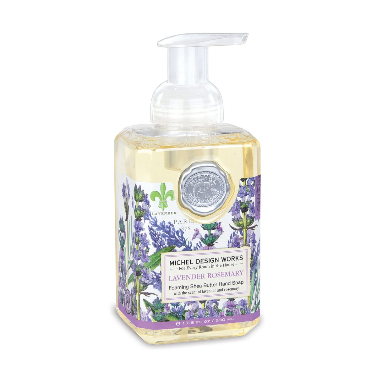 Michel Design Works Lavender Rosemary foaming soap bottle offers a soothing, luxurious hand-washing experience.
