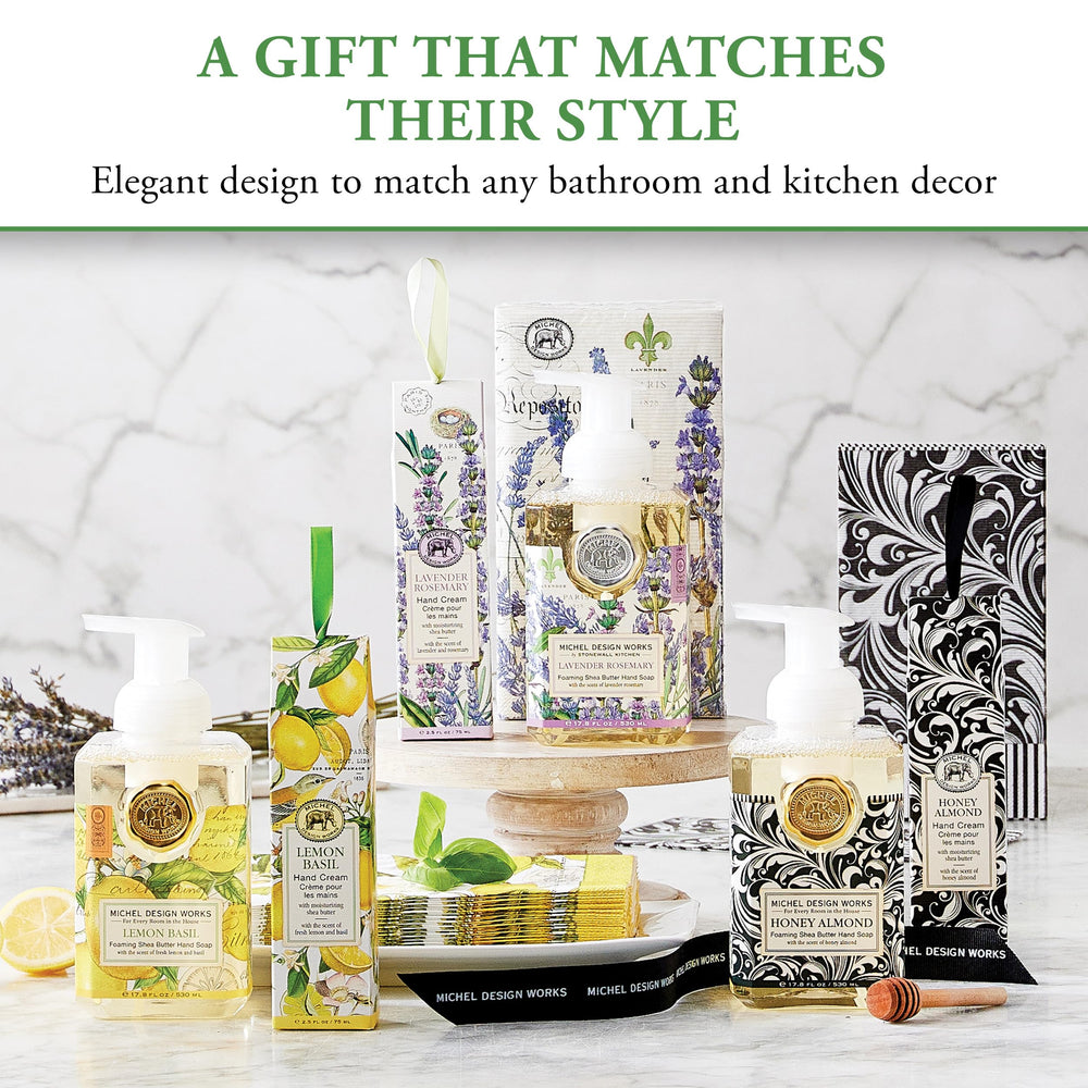 Michel Design Works Lemon Basil bathroom sink display evokes refreshing daily routines
