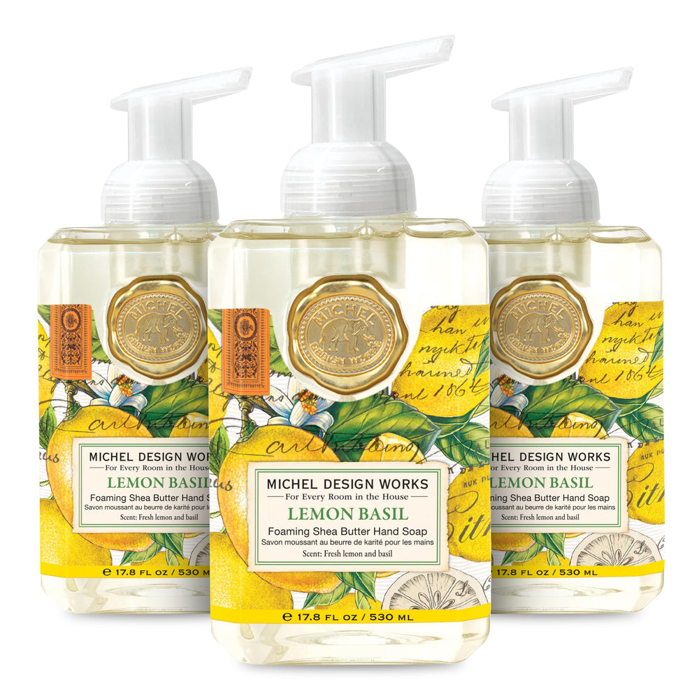 Michel Design Works Lemon Basil foaming hand soap bottle front for spa-like cleansing