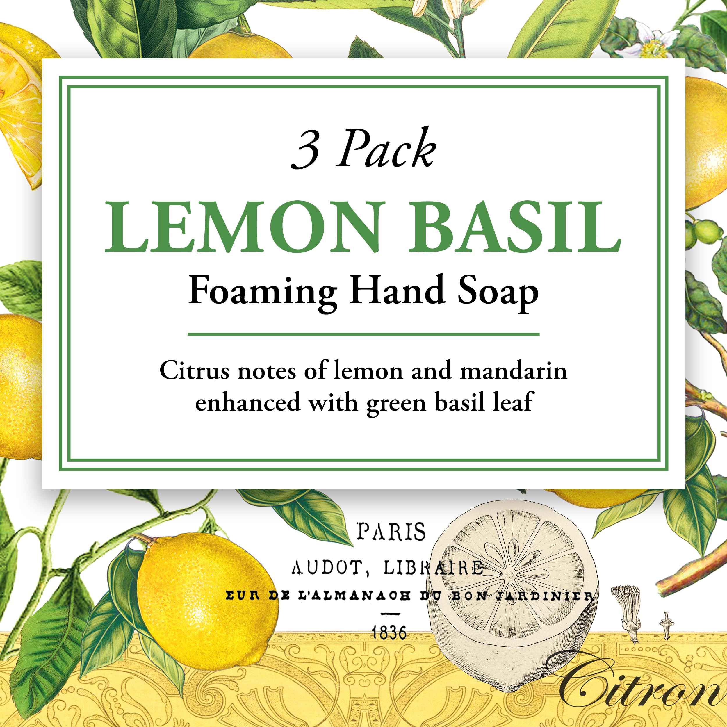 Michel Design Works Lemon Basil foaming hand soap bottle side view highlighting premium moisturizing formula