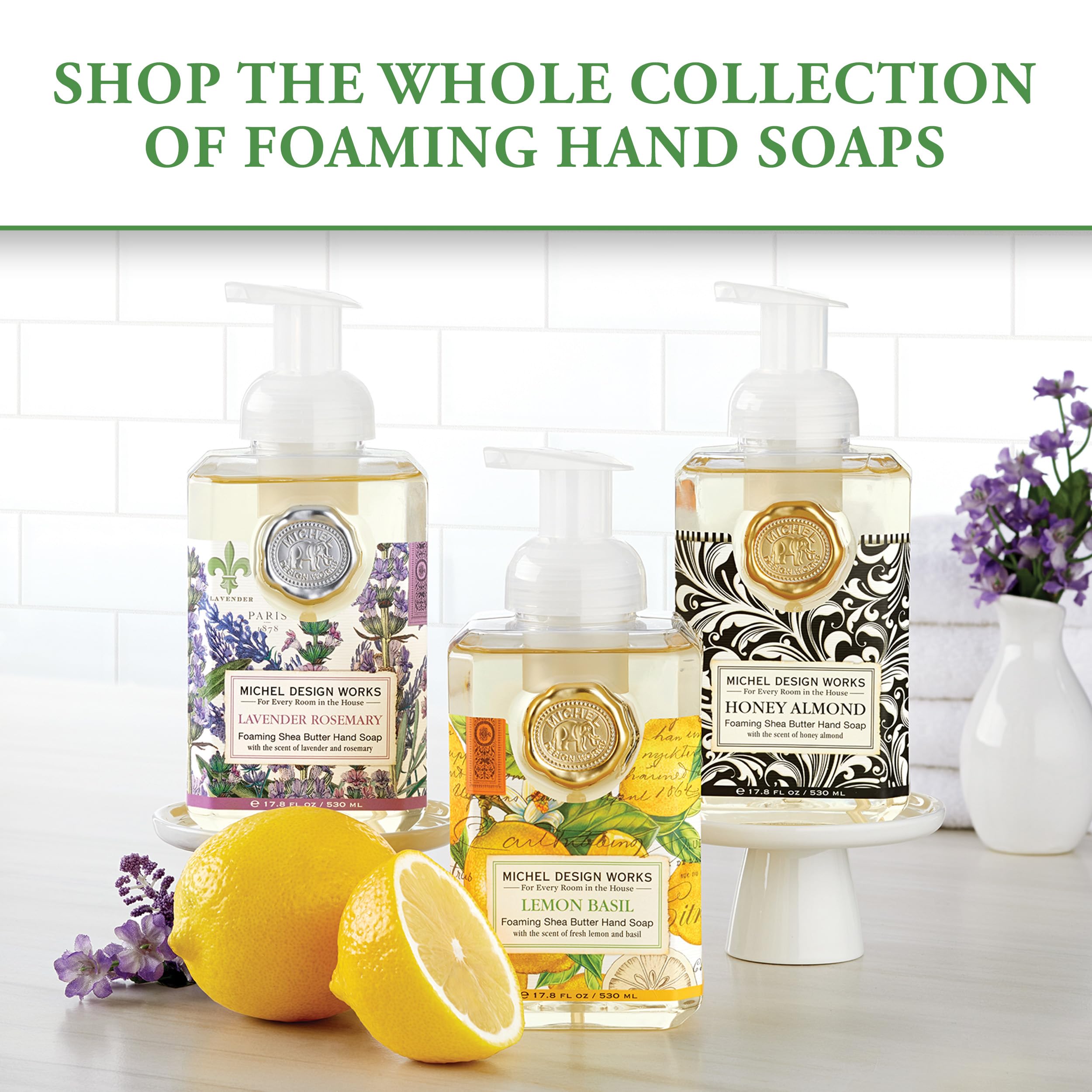 Michel Design Works Lemon Basil foaming hand soap dispenser closeup shows creamy lather for gentle cleansing