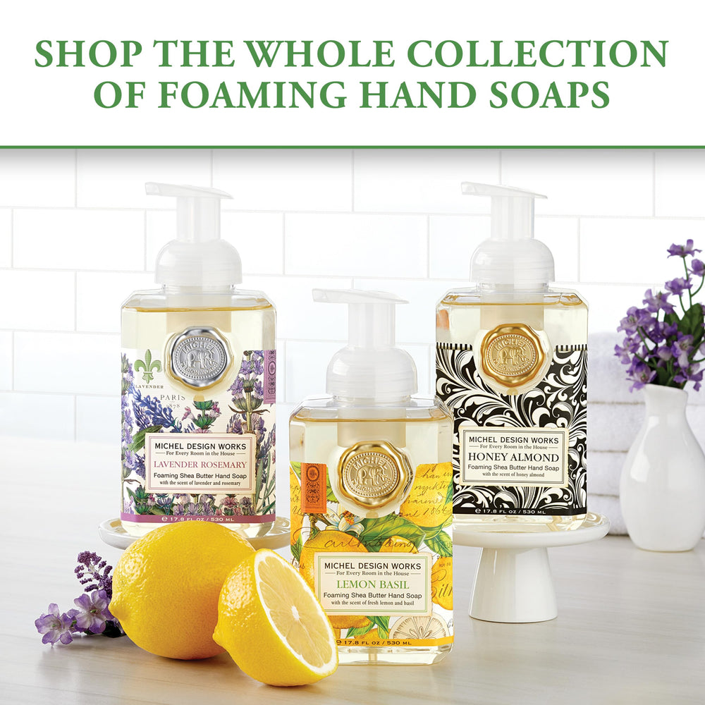 Michel Design Works Lemon Basil foaming hand soap dispenser closeup shows creamy lather for gentle cleansing