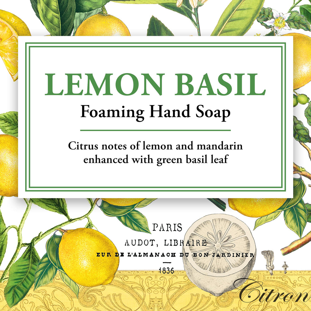 Michel Design Works Lemon Basil pump close-up shows creamy foam for gentle cleansing