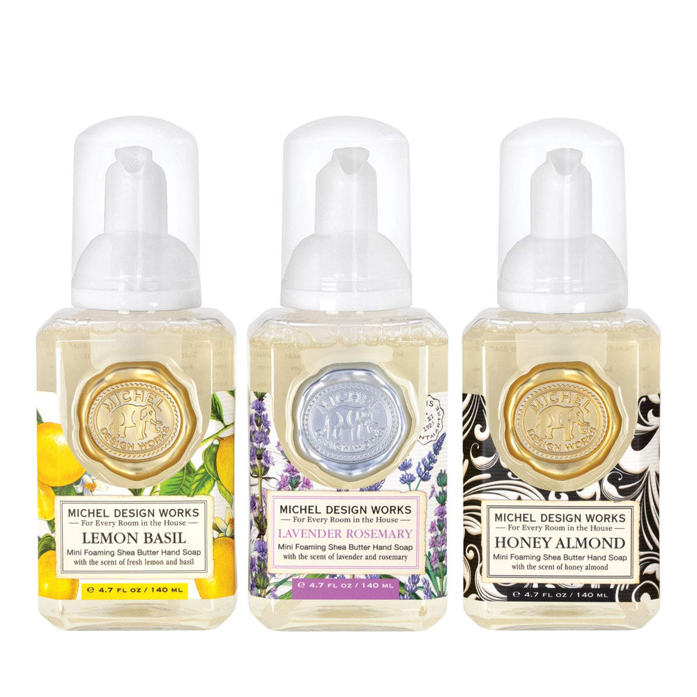 Michel Design Works mini foaming soap Lavender Rosemary bottle offers a calming spa-like hand cleansing.