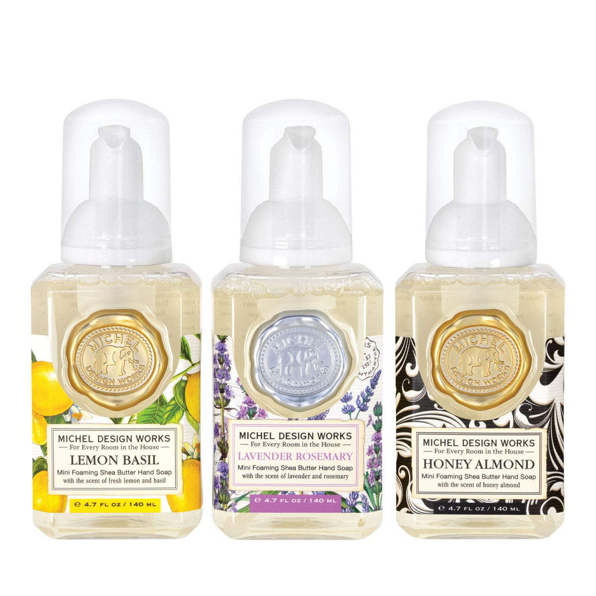 Michel Design Works mini foaming soap Lavender Rosemary bottle offers a calming spa-like hand cleansing.