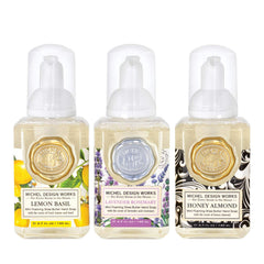 Michel Design Works mini foaming soap Lavender Rosemary bottle offers a calming spa-like hand cleansing.