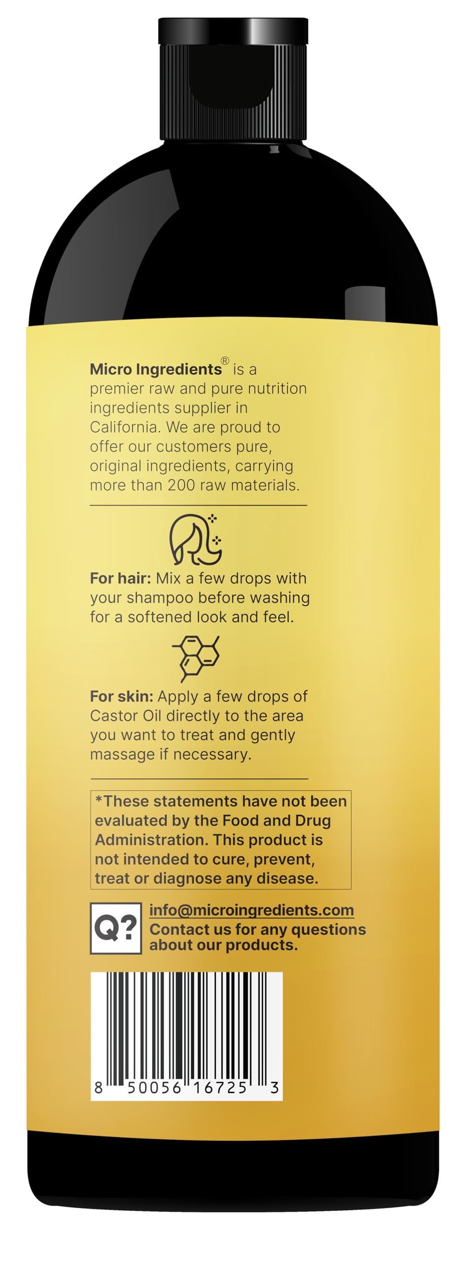 Micro Ingredients castor oil ingredients list closeup confirming vegan and hexane-free formula