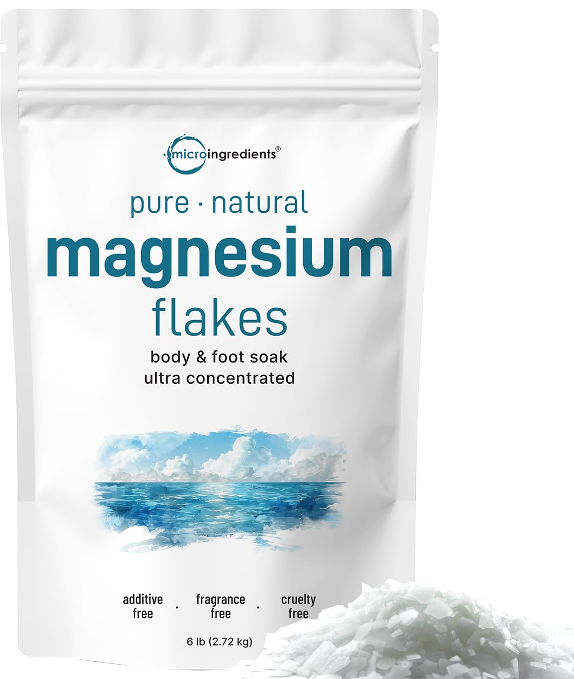 Micro Ingredients magnesium flakes 6lbs packaging for convenient storage.