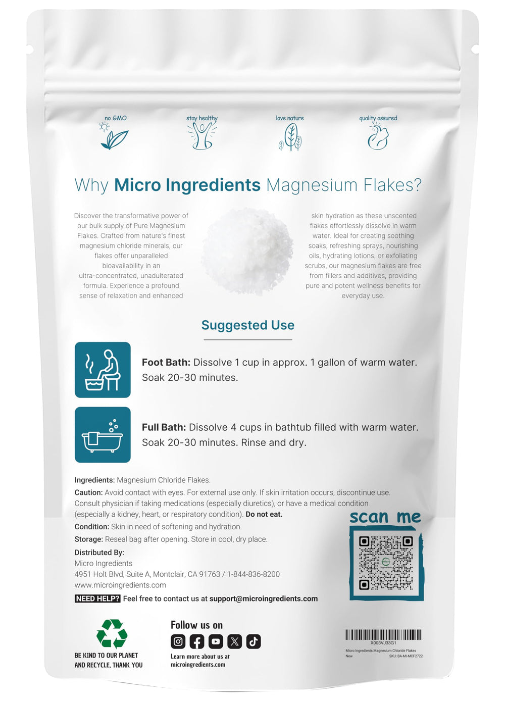 Micro Ingredients magnesium flakes in a resealable pouch ready for relaxing soaks.