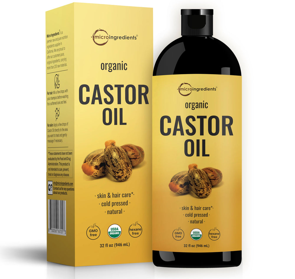 Micro Ingredients Organic Castor Oil 32oz bottle with silky oil visible for DIY routines