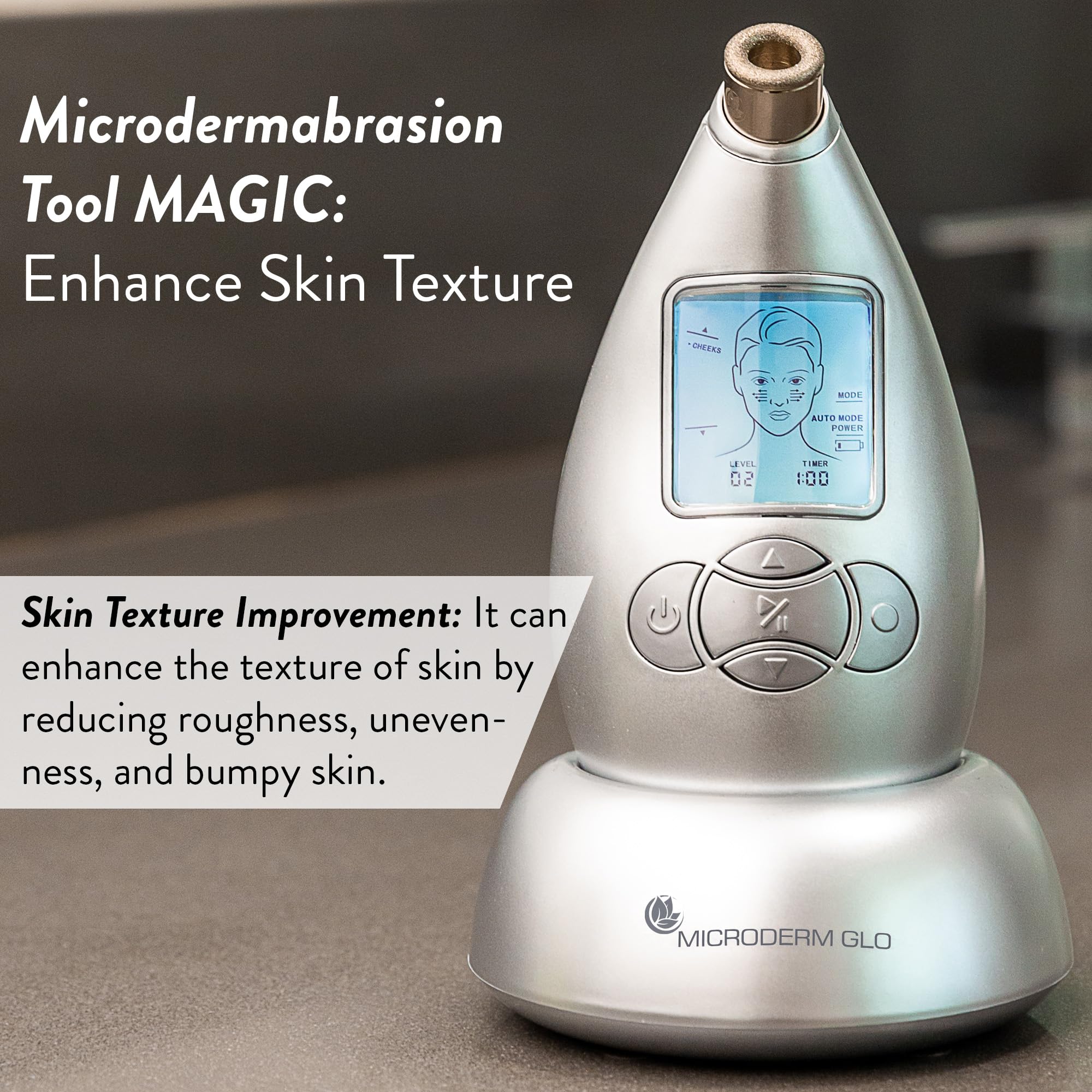 Microderm GLO device on vanity for quick weekly treatments and model-worthy complexion.