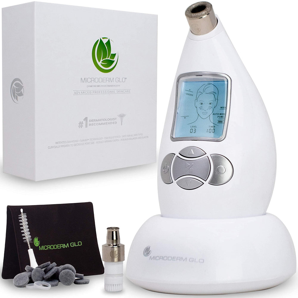 Microderm GLO diamond microdermabrasion machine on vanity for at-home smoothing routine.