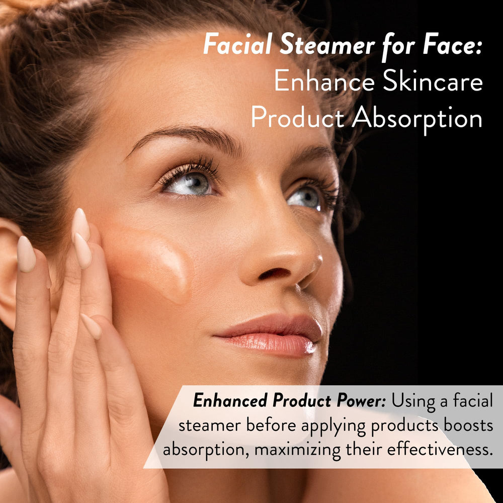 Microderm GLO Facial Steamer SPA+ serum-absorption focus image suggests enhanced skincare product penetration.