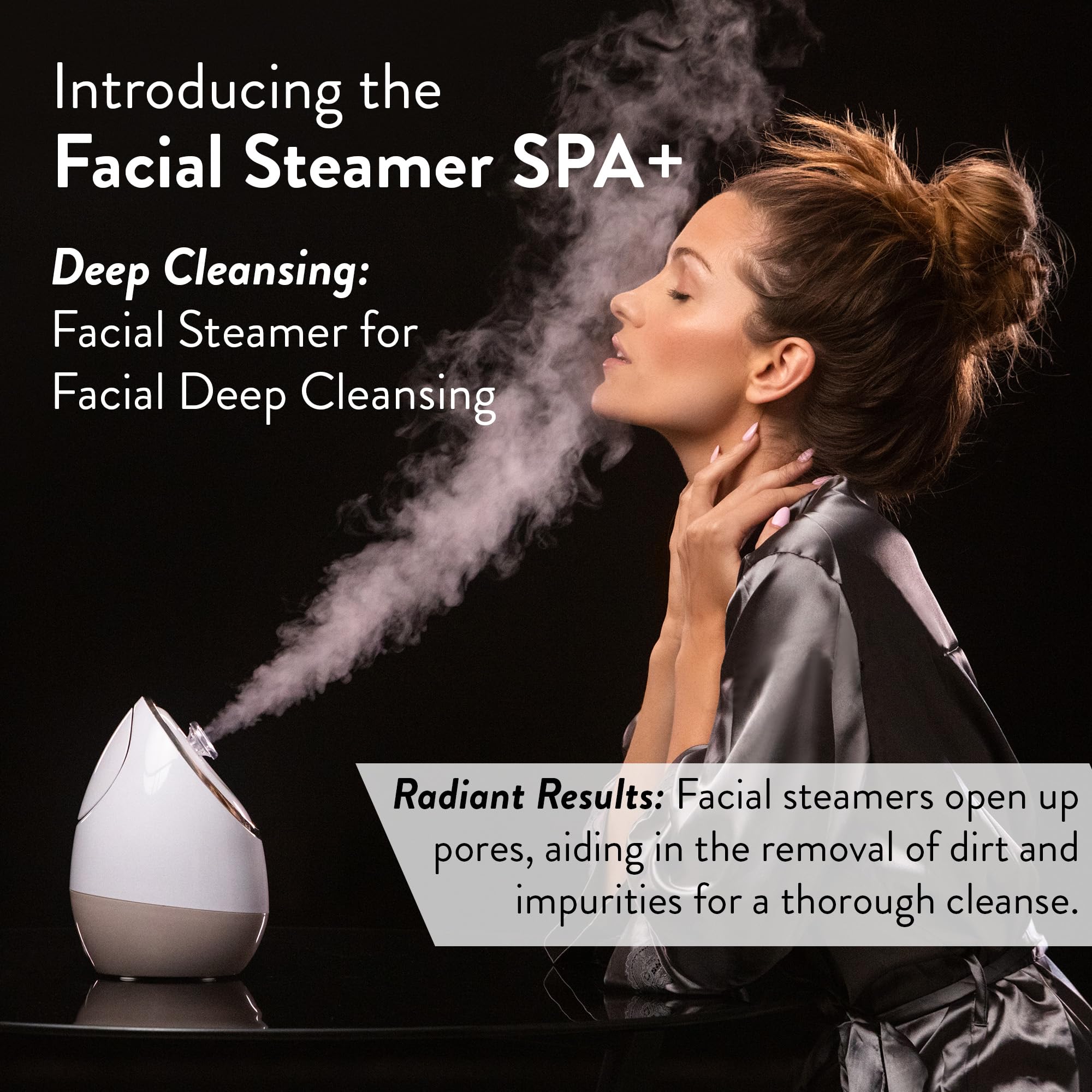 Microderm GLO Facial Steamer SPA+ steam mist closeup highlights pore purification potential.