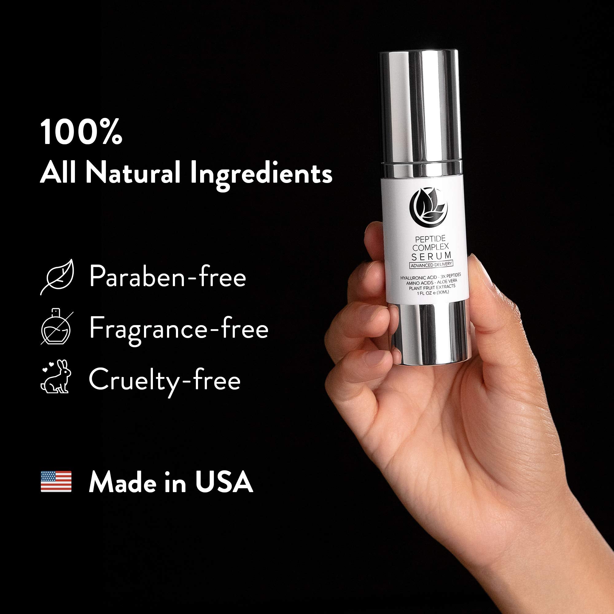 Microderm GLO Peptide Complex Serum packaging emphasizes USA-made purity.