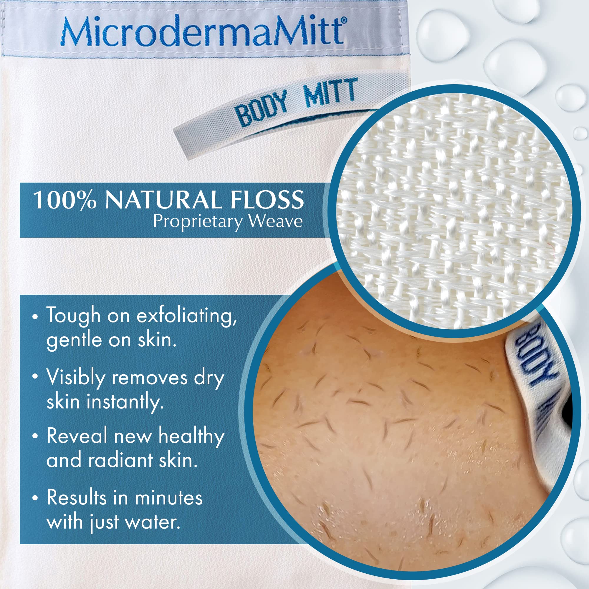 MicrodermaMitt Original glove in the shower demonstrates cleansing and texture refinement.
